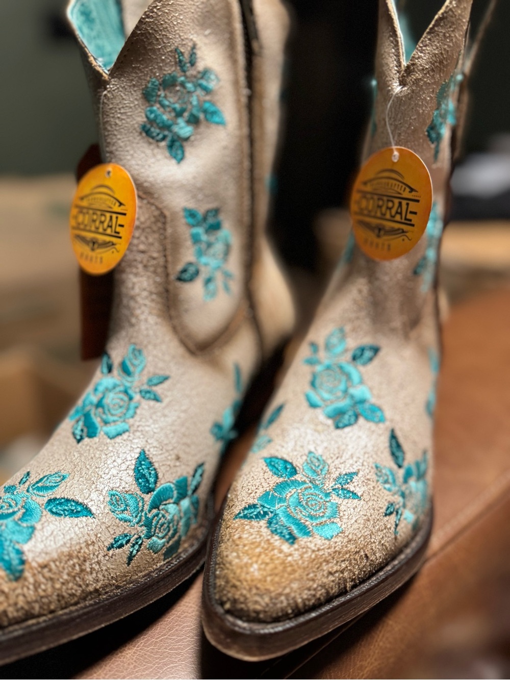 Corral Beige Suede Ankle Boots with Turquoise Floral Embroidery - Picture 2 of 7